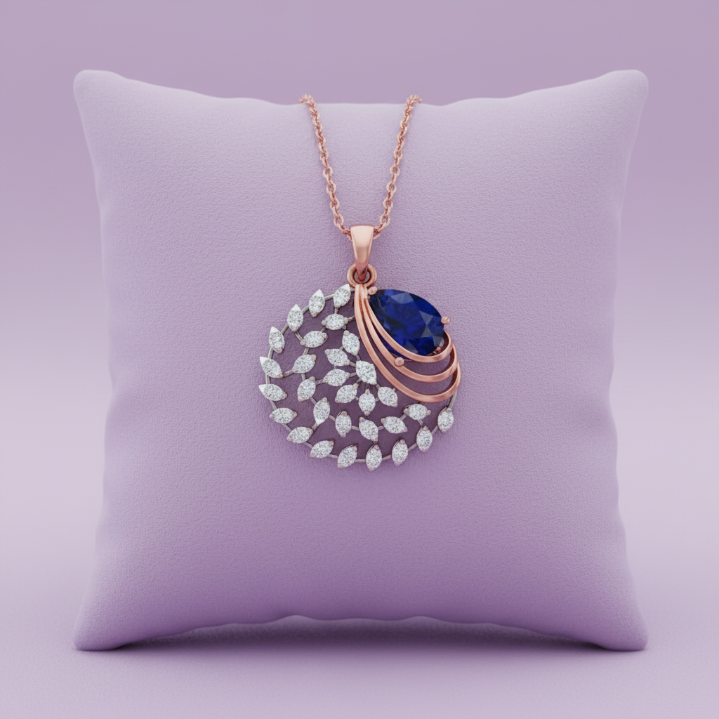 Rose gold round sapphire diamond filigree pendant with chain on lavender cushion