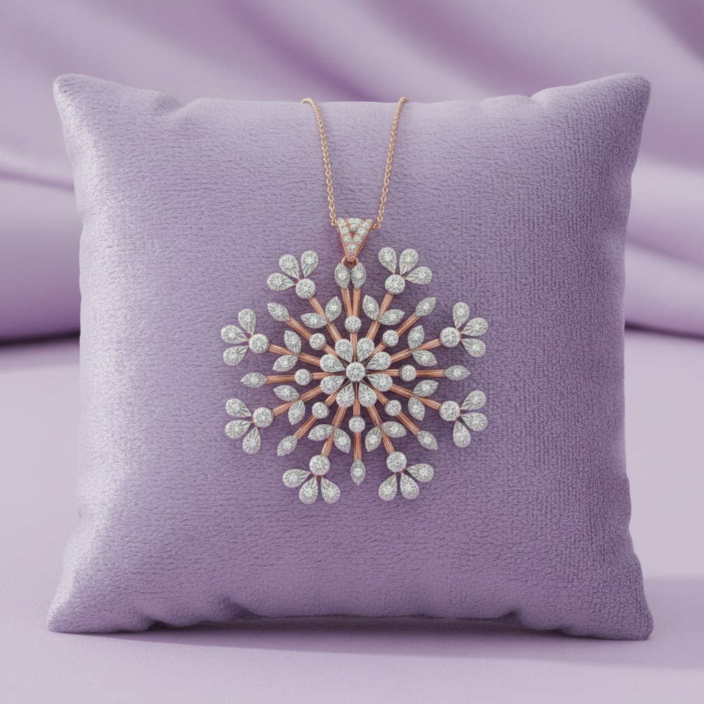 Rose gold snowflake starburst diamond pendant on lavender cushion
