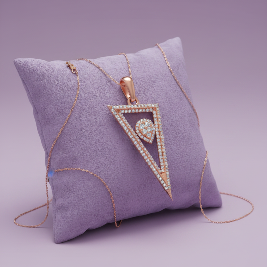 Rose gold triangle arrowhead diamond pendant with chain on lavender cushion