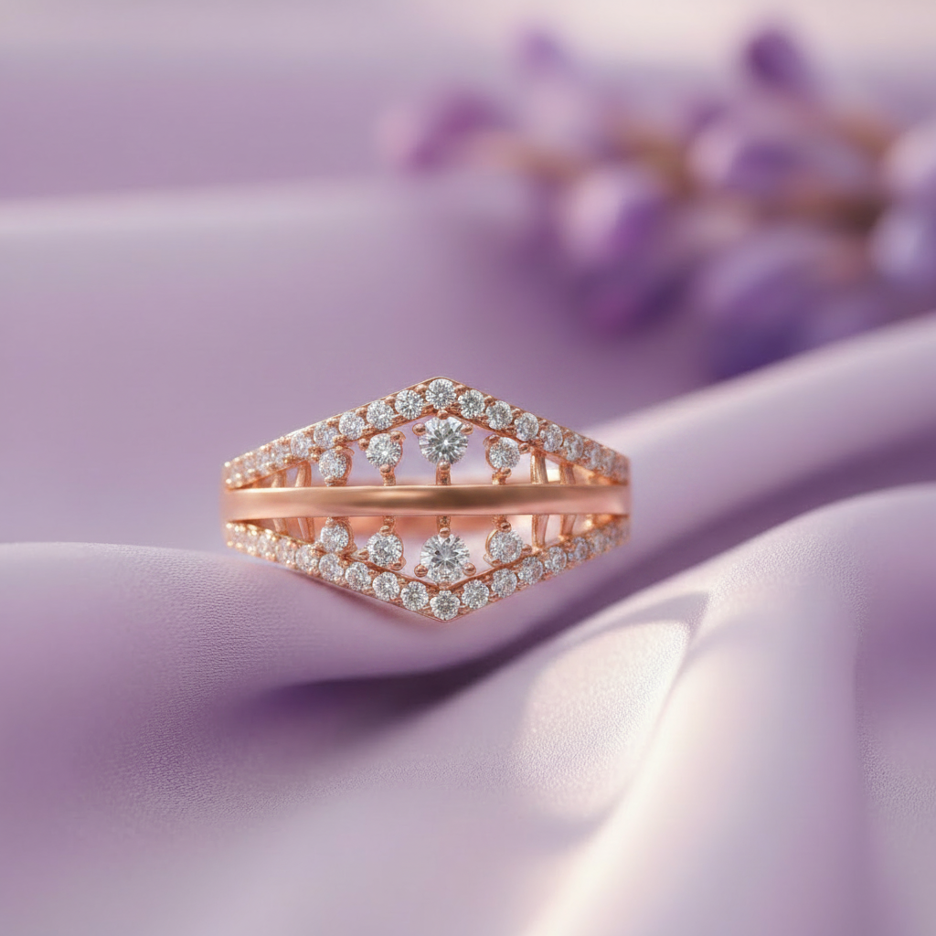 Rose Gold Triple Layer Chevron Ring - Lavender Silk Front