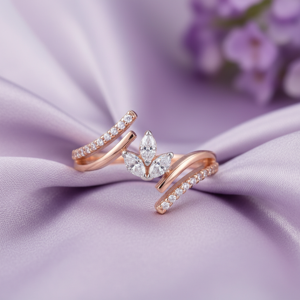 Rose Gold Triple Split Marquise Leaf Ring - Front