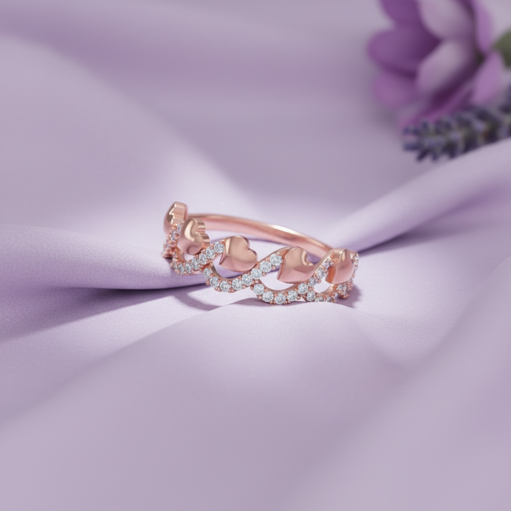 Rose Gold Wave Hearts Ring - Lavender Silk Angled