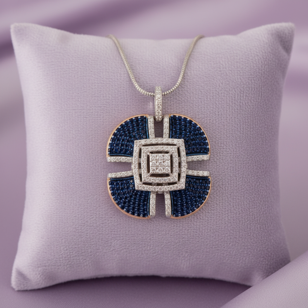 Round blue sapphire diamond geometric cross pendant with chain on lavender cushion