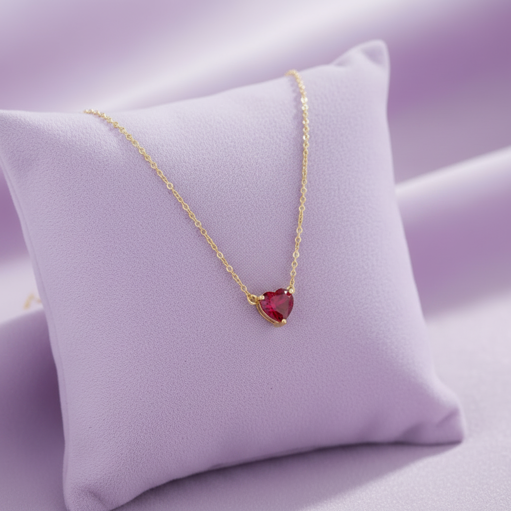 Ruby Heart Necklace – Lavender Pillow Background