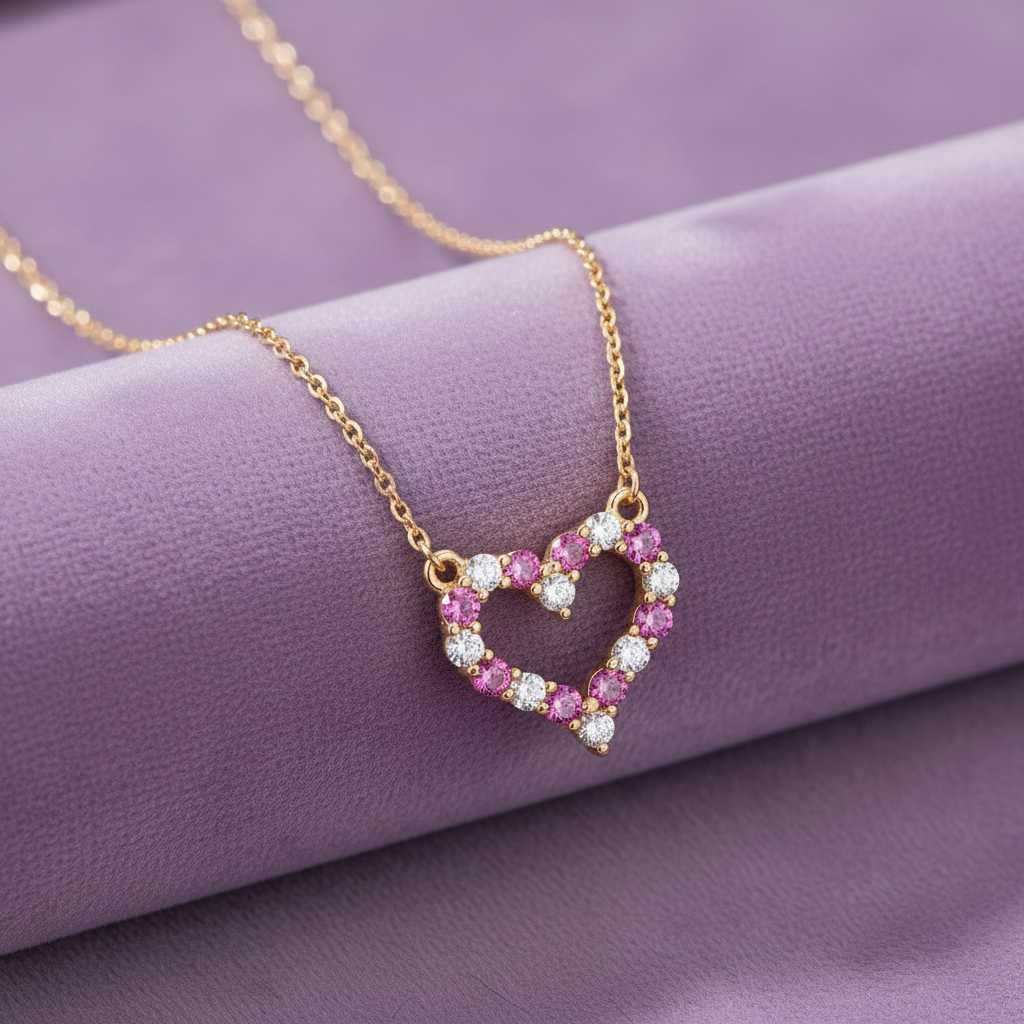 SCH00092A open heart pink sapphire diamond necklace on lavender velvet