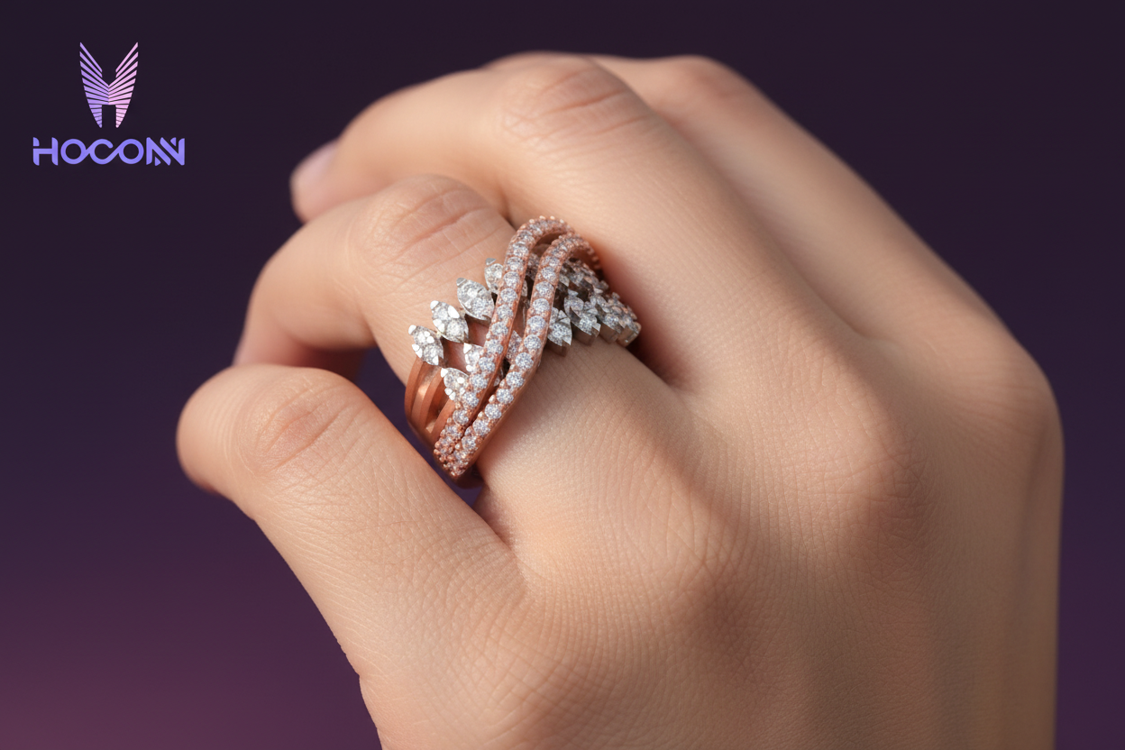 Side Angle - Wide Diamond Ring on Finger