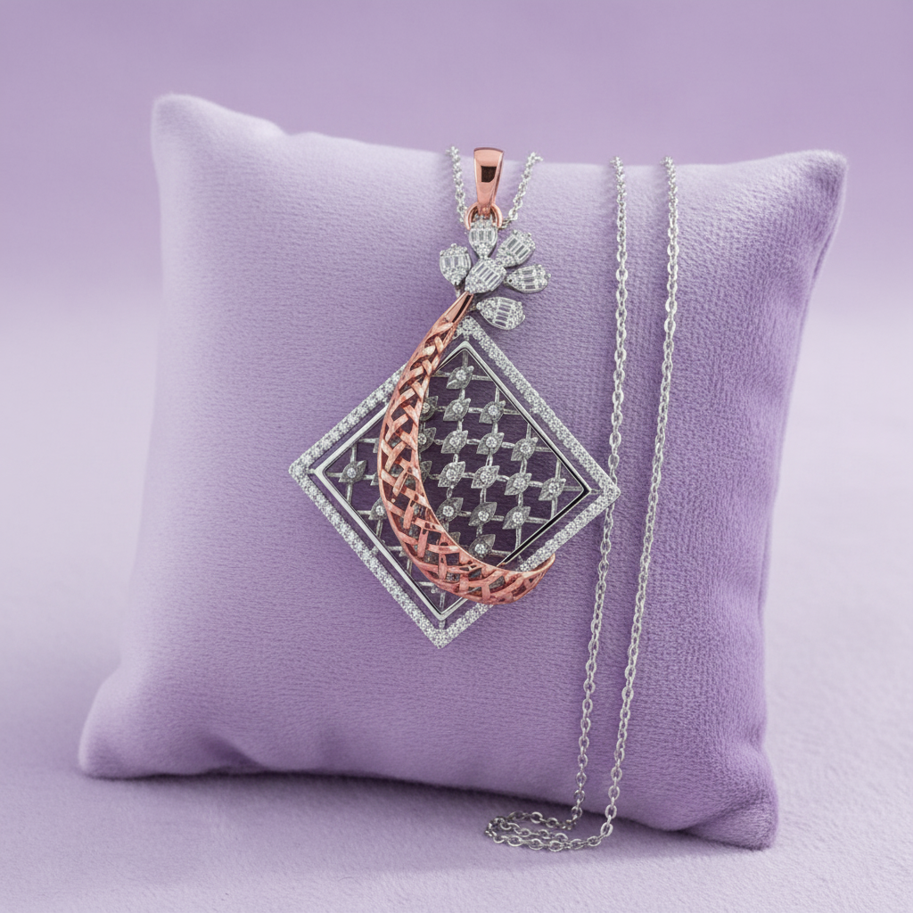 Silver diamond lattice square pendant with bright mirror-polished shiny metal on lavender cushion