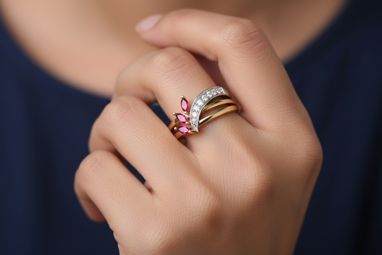 Slimmer Ruby Diamond Multi-Band Ring on Finger