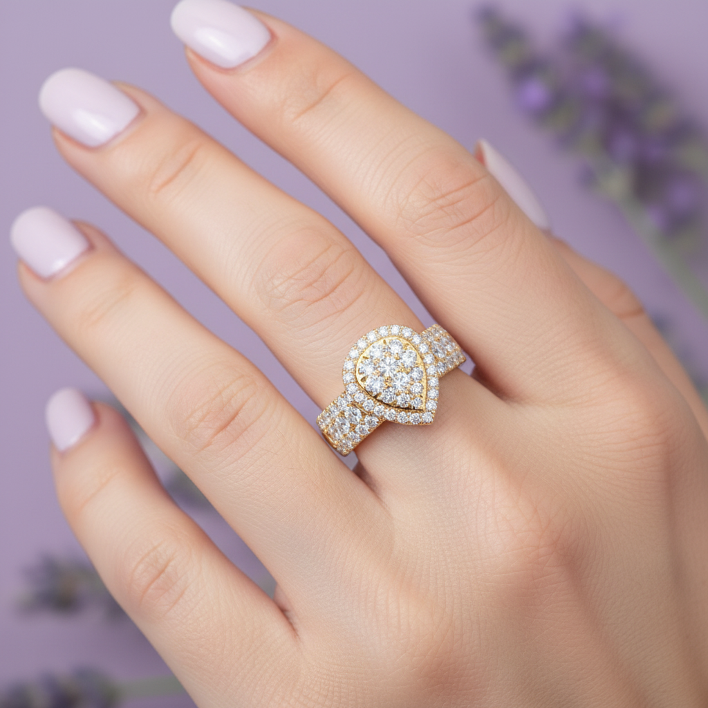 SLR00838 Pear Halo Ring - Model Hand Shot