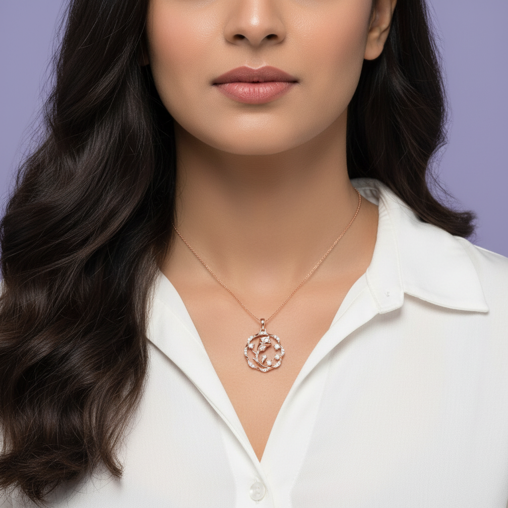 Small But Visible Rose Gold Circular Pendant - Neck Close Up