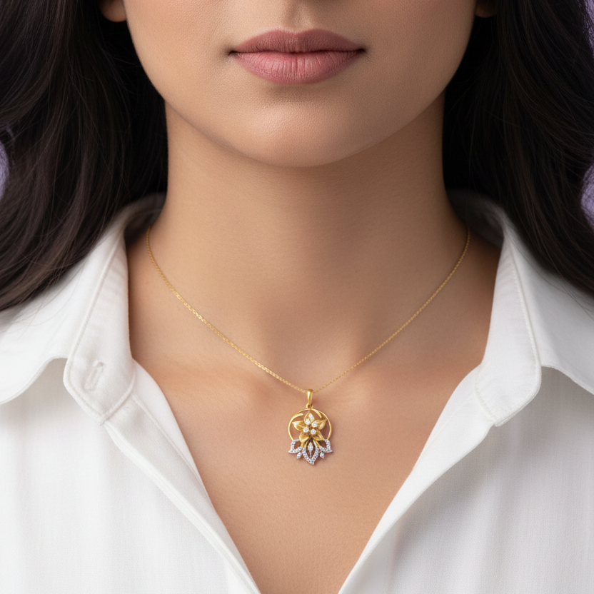 Small Yellow Gold Flower Pendant - Model Neck Close Up