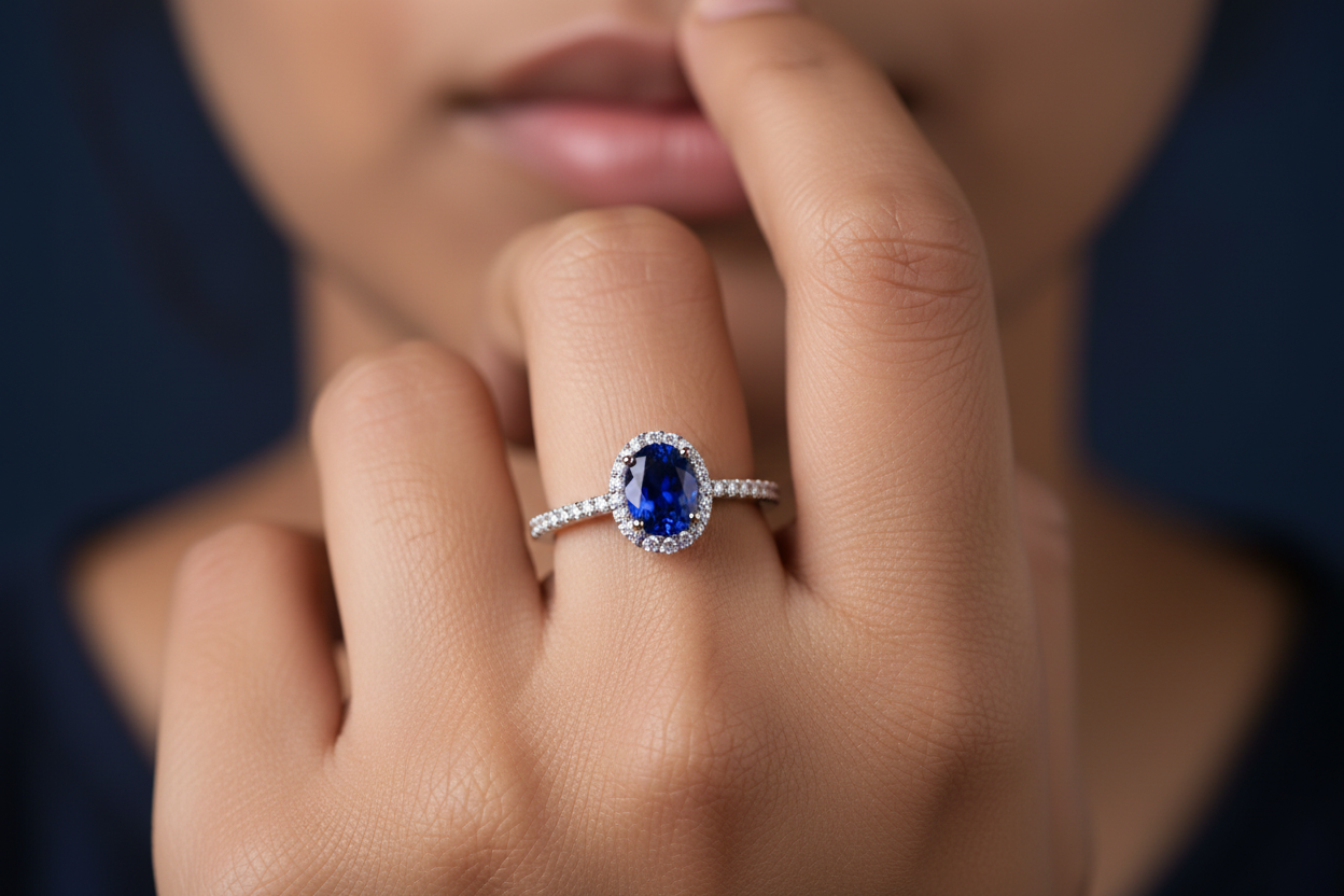 Smaller Blue Sapphire Halo Ring on Finger