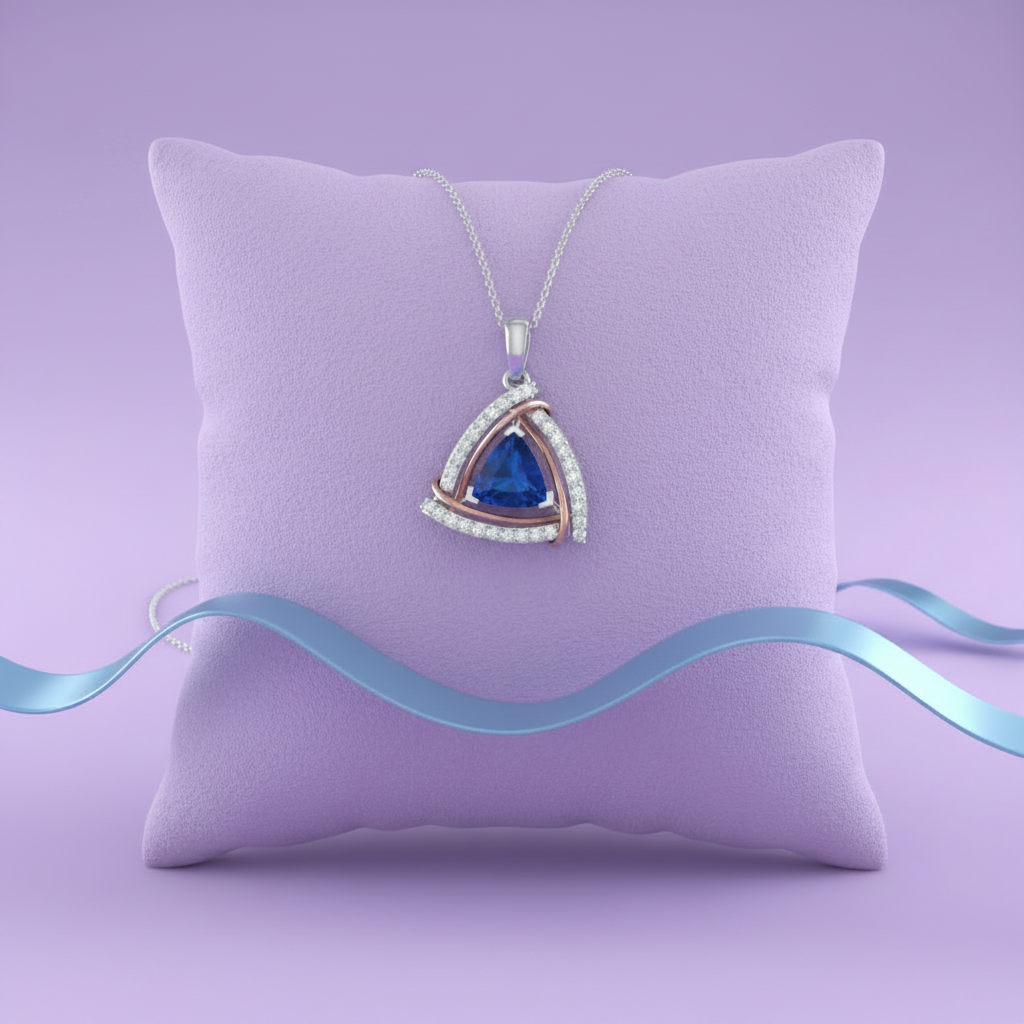 Smaller blue sapphire trillion diamond swirl pendant on lavender cushion