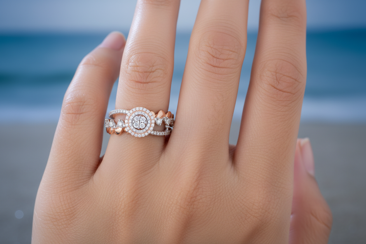 Smaller Center Double Halo Ring on Finger