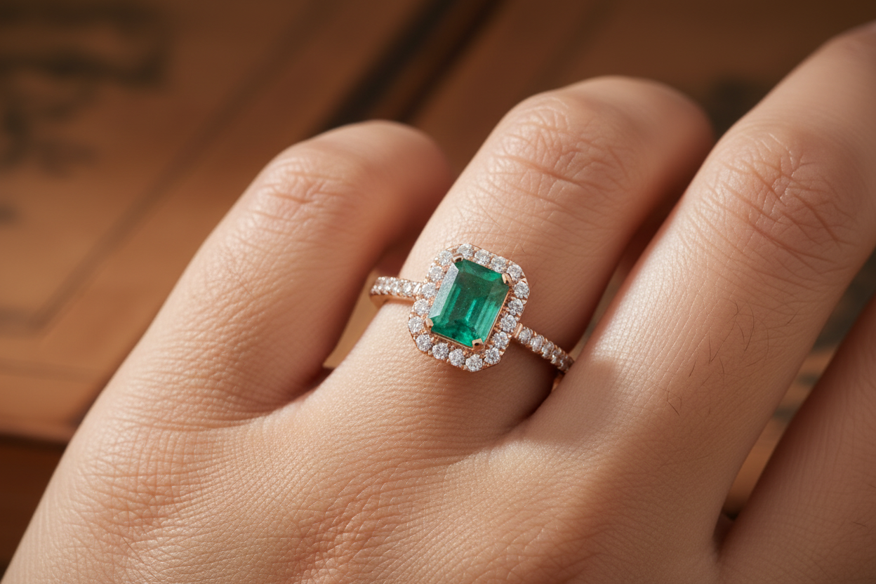 Smaller Emerald Halo Ring on Finger