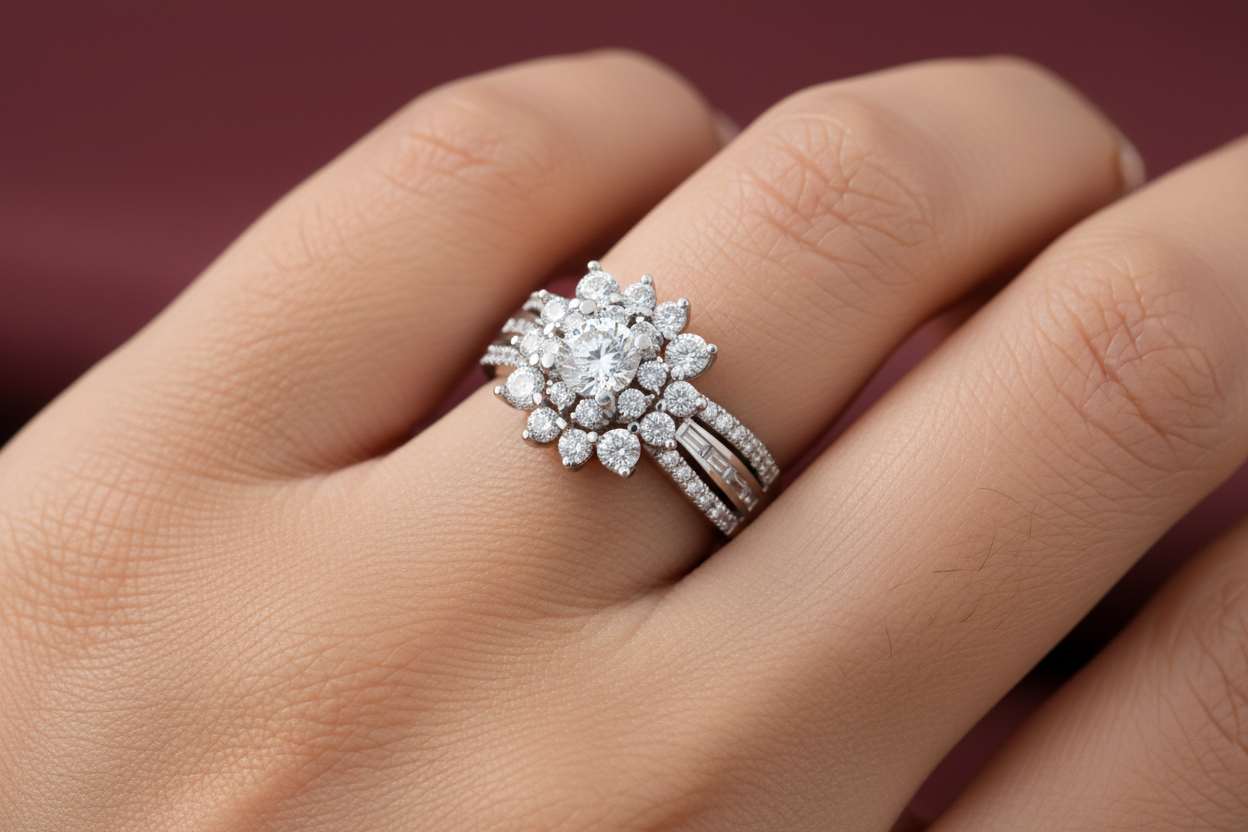 Smaller Flower Center - Triple Band Diamond Ring