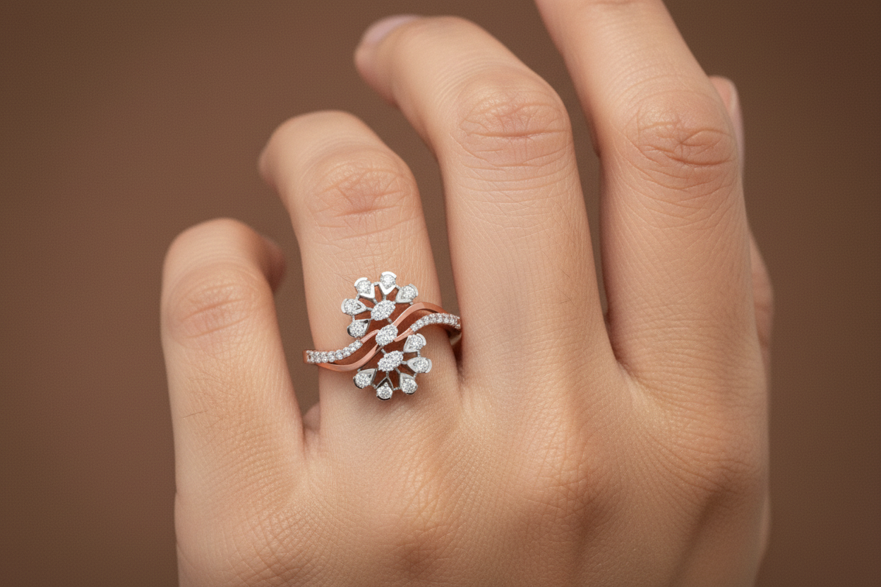Smaller HLR06047 Two-Tone Floral Diamond Ring on Finger