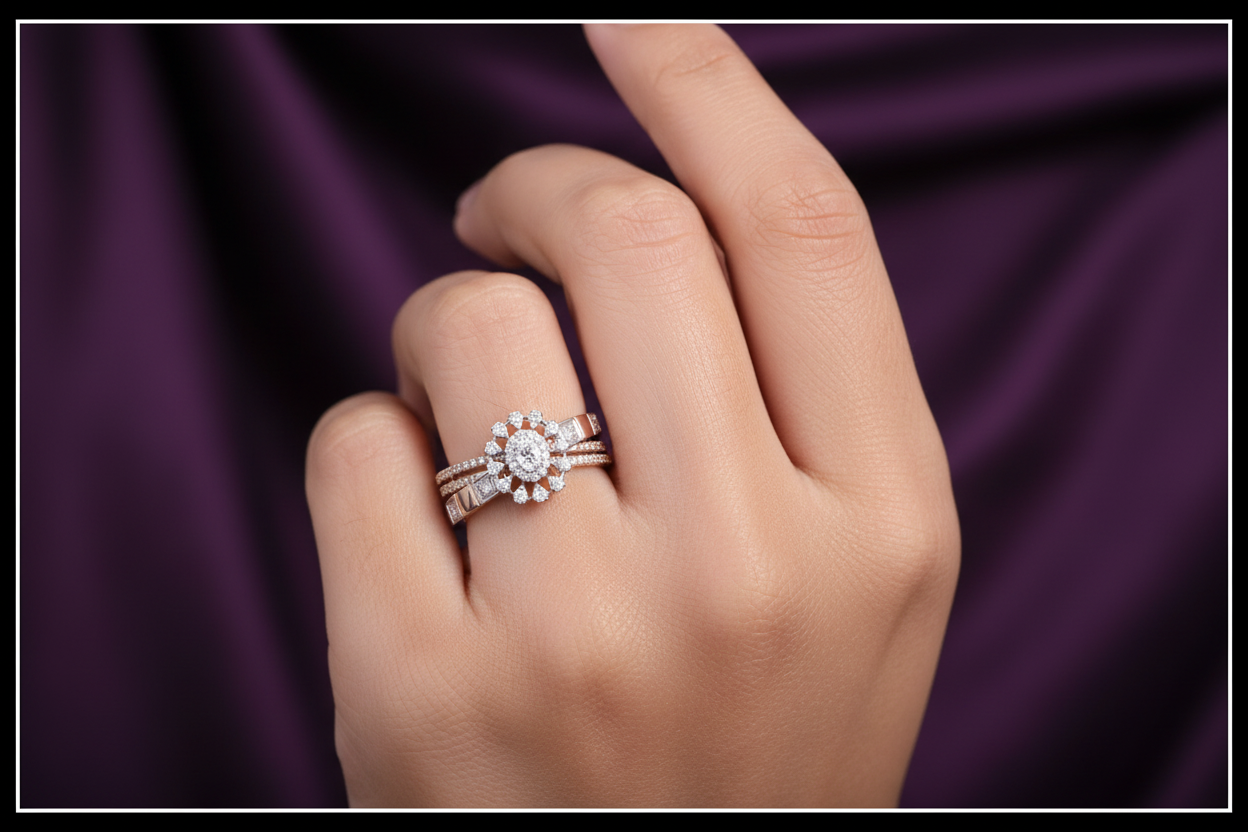 Smaller Oval Sunburst Diamond Ring on Finger