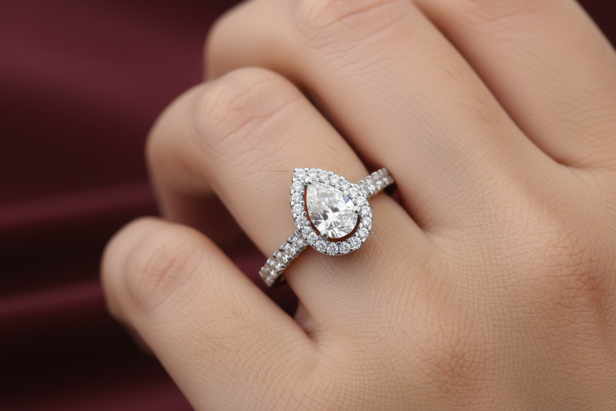 Smaller Pear Diamond Double Halo Ring on Finger