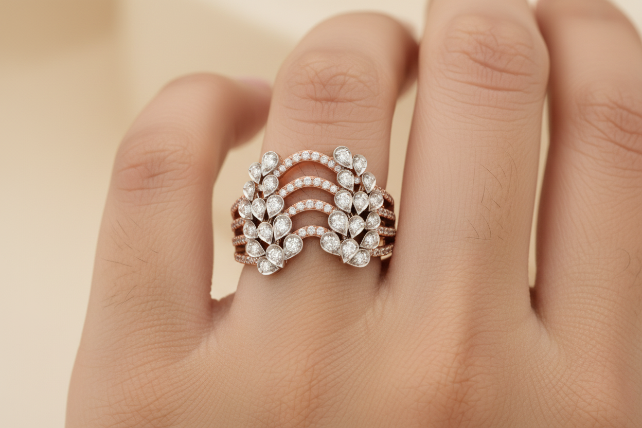 Smaller Rose Gold Multi-Strand Diamond Leaf Ring on Finger