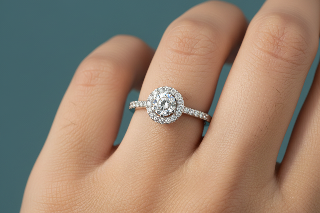 Smaller Round Diamond Halo Ring on Finger