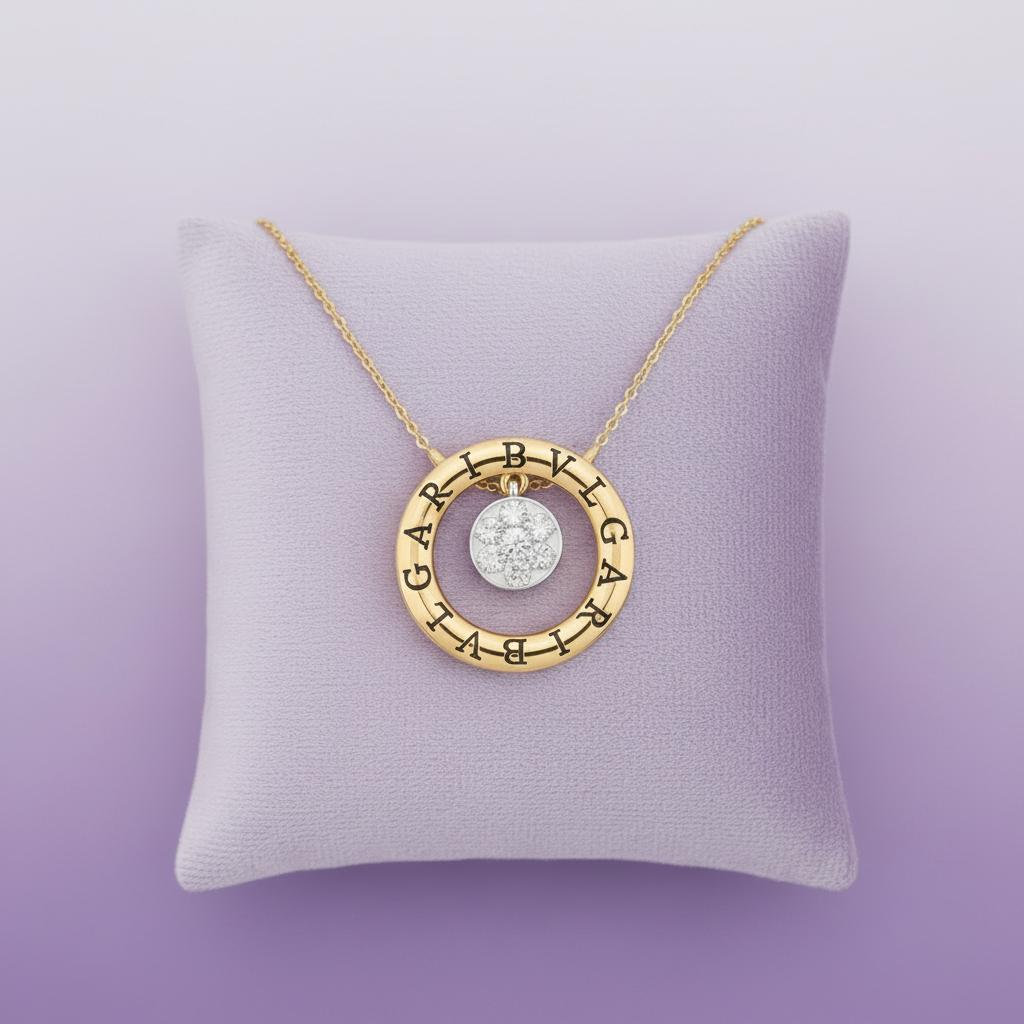 Smaller Yellow Gold Circle Pendant on Lavender Cushion