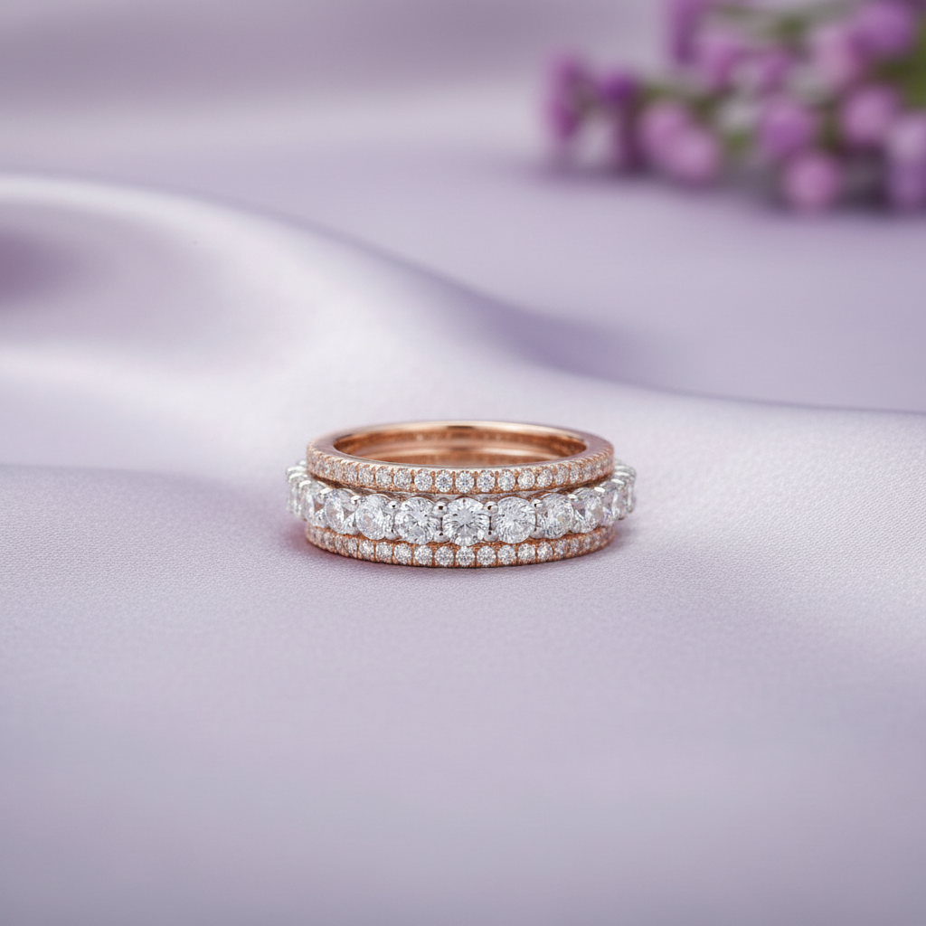 Three-row ring flat lay on lavender silk
