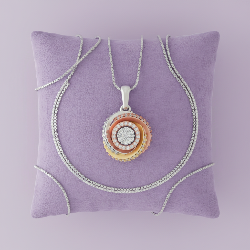 Tri-tone swirl diamond pendant flat lay on lavender cushion clean minimal