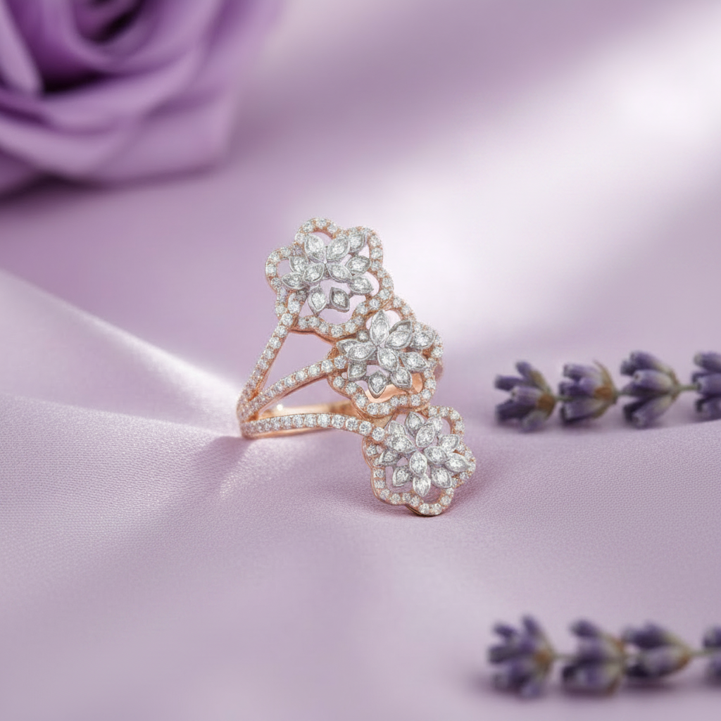 Triple Flower Bypass Ring - Lavender Silk