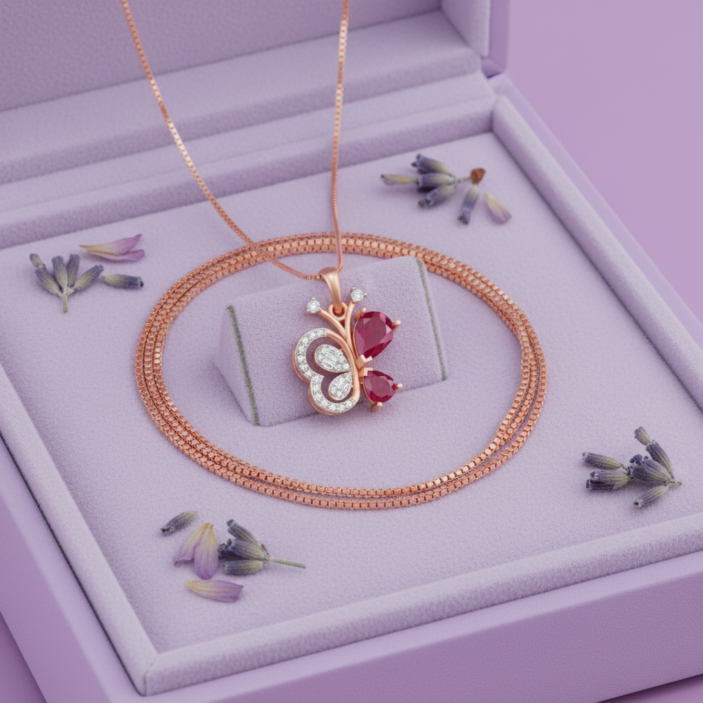 Very small rose gold ruby butterfly pendant with extra chain draped on decorated lavender cushion