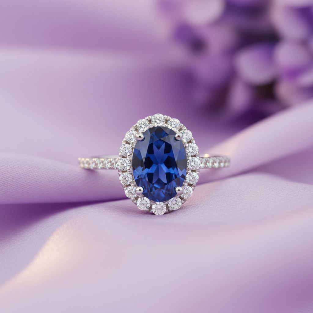 White Gold Blue Sapphire Halo Ring - Lavender Silk Front