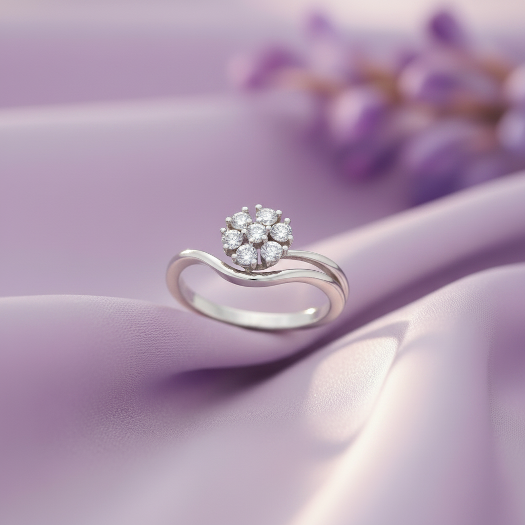 White Gold Flower Cluster Wave Ring - Lavender Silk Front