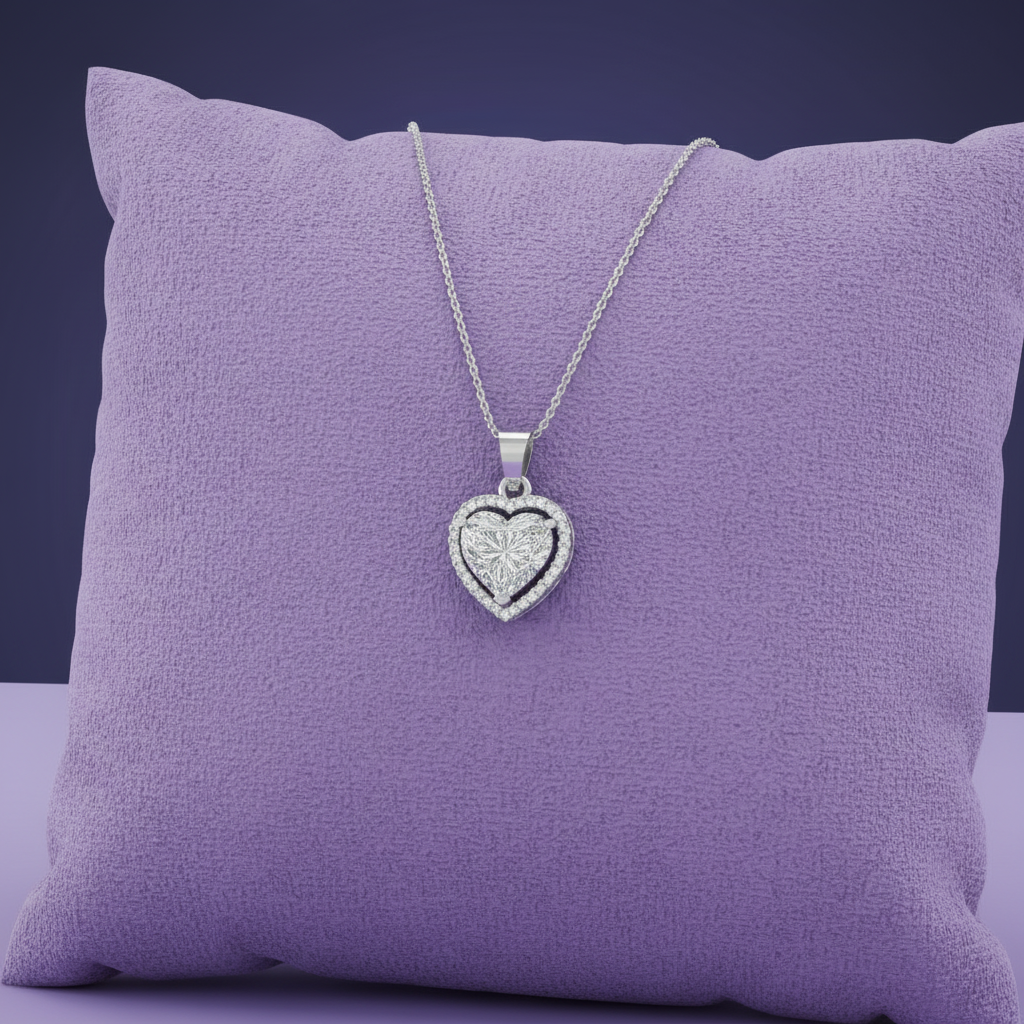 White gold heart diamond double halo pendant smaller on lavender cushion