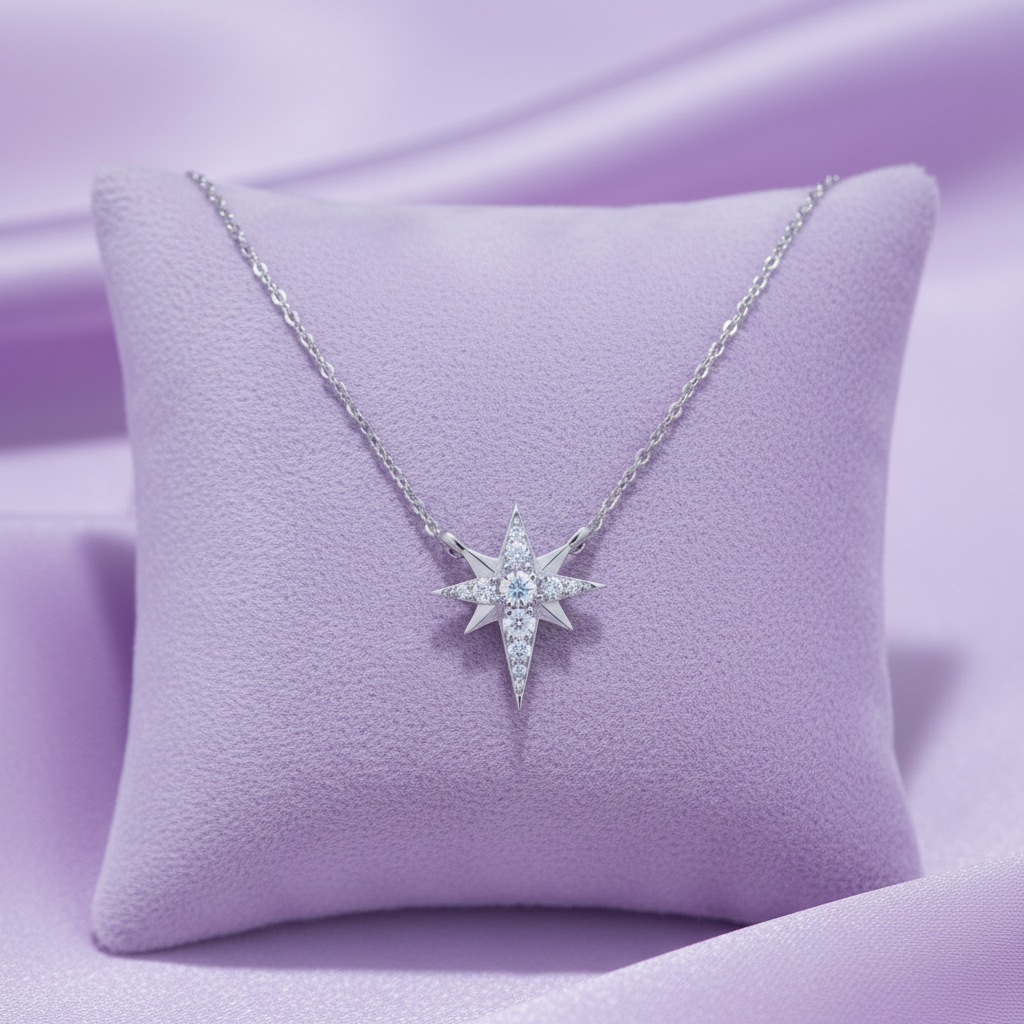 White Gold North Star Necklace on Lavender Cushion