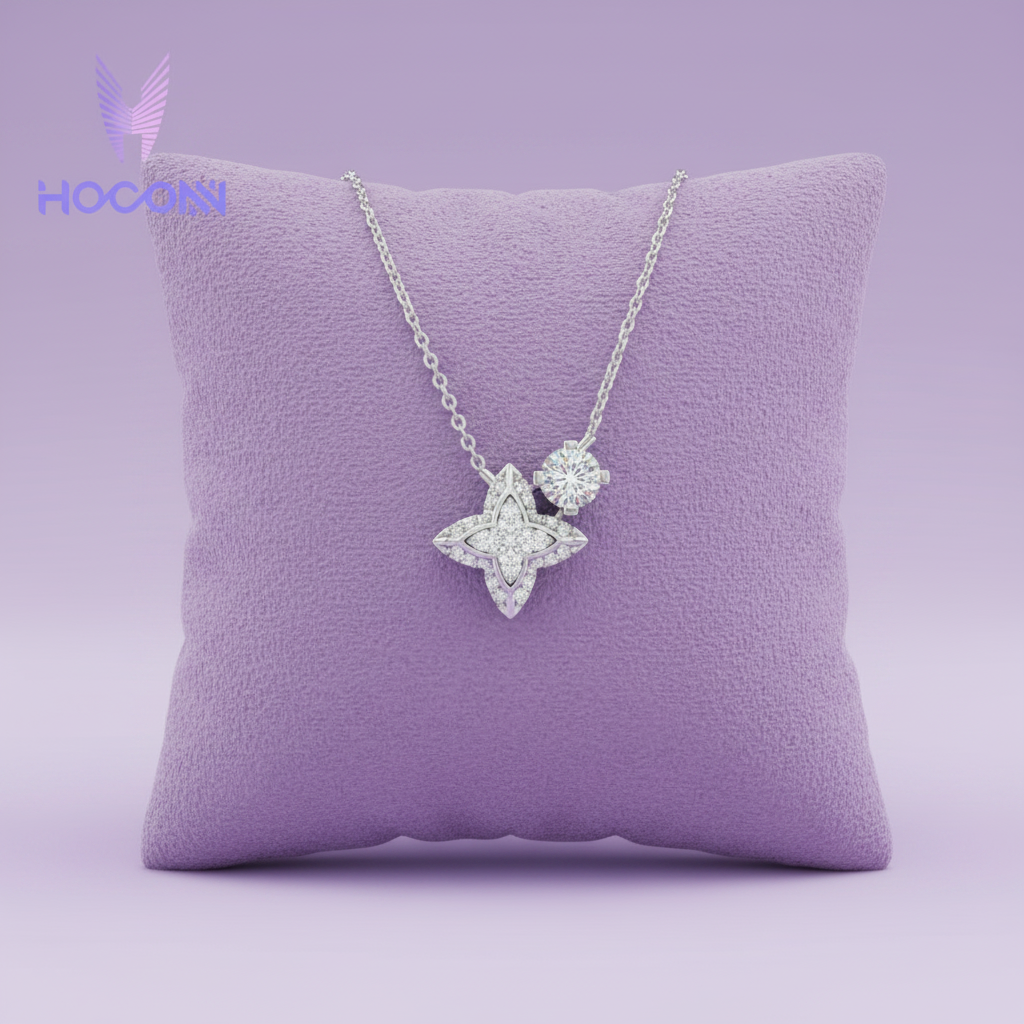 White gold pave diamond star flower pendant smaller on lavender velvet cushion