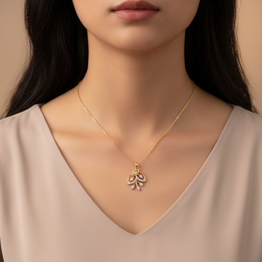 Woman wearing extra small CPS00255 yellow gold leaf branch spray pendant full upper body shot