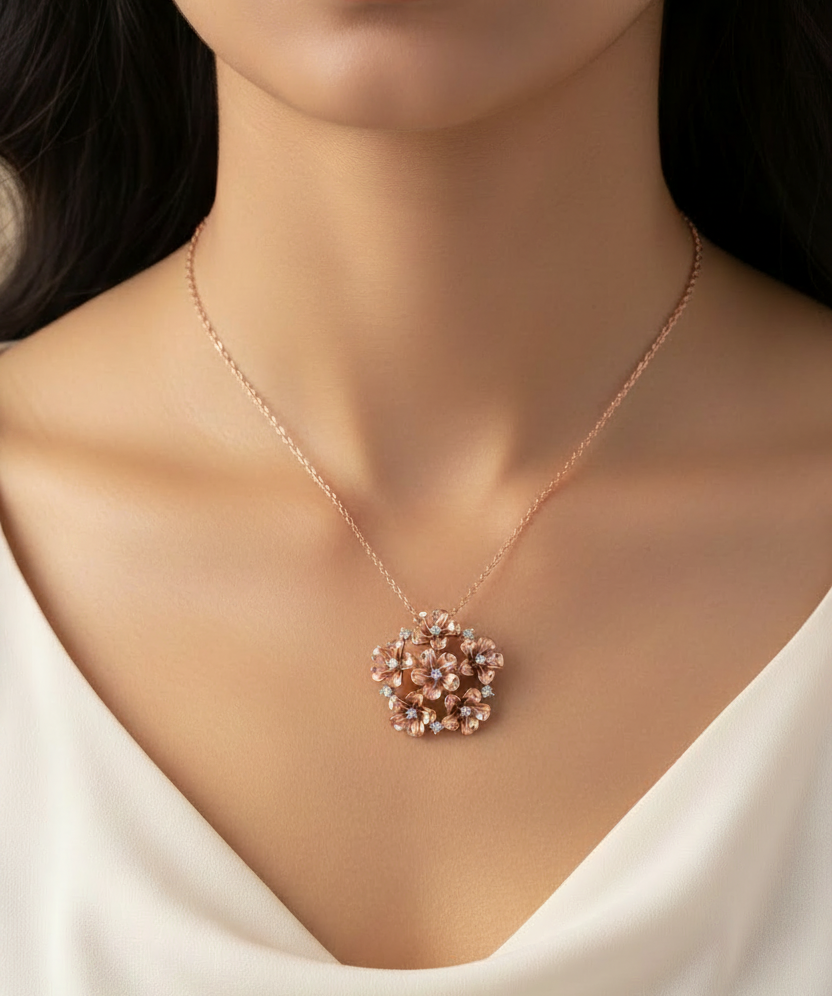 Woman wearing medium sized CPD00248 rose gold multi-flower cluster pendant at collarbone
