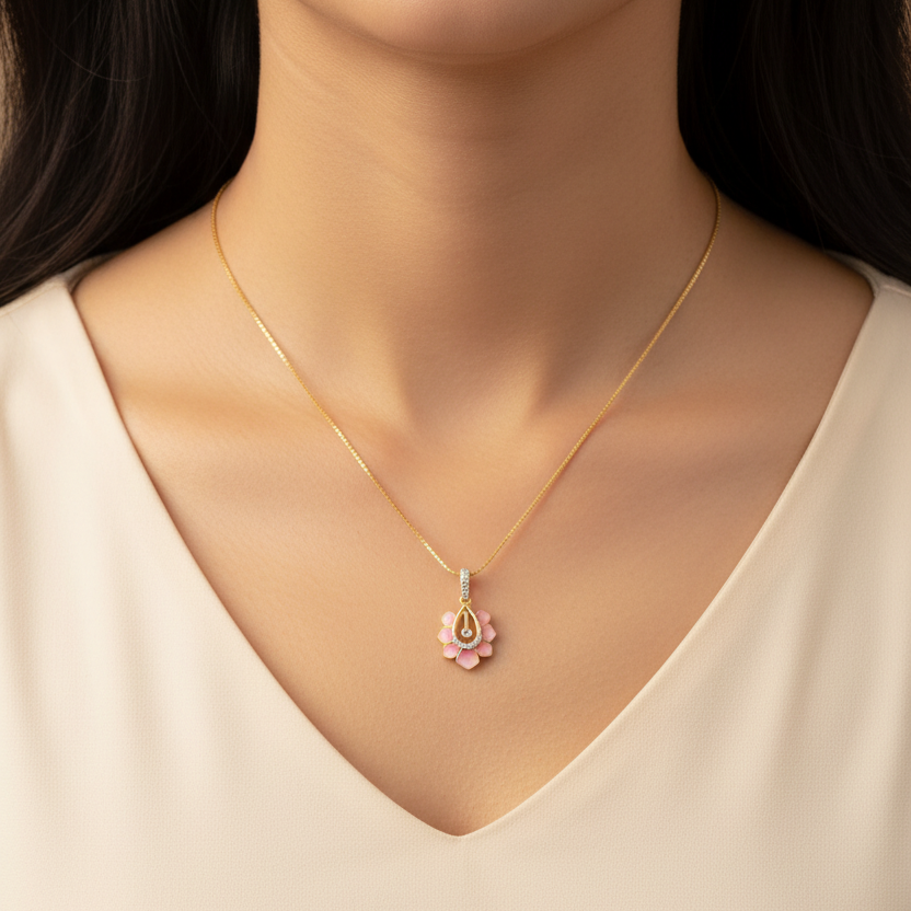 Woman wearing small CPD00277 yellow gold pink enamel flower pendant wide chest shot
