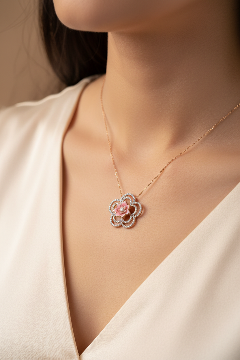 Woman wearing small CPD00295 rose gold scalloped flower pink enamel lotus pendant at collarbone