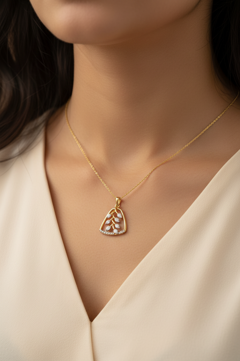 Woman wearing very short small CPS00256 yellow gold fan leaf pendant