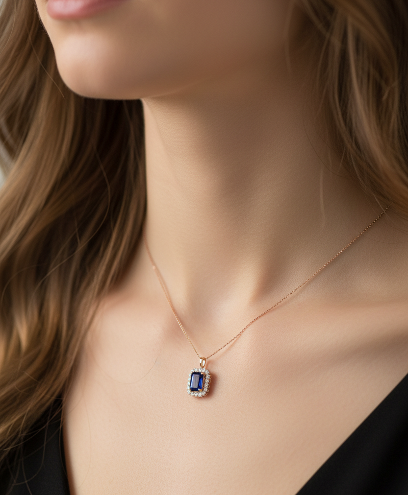 Woman with open hair wearing very small rose gold sapphire diamond pendant