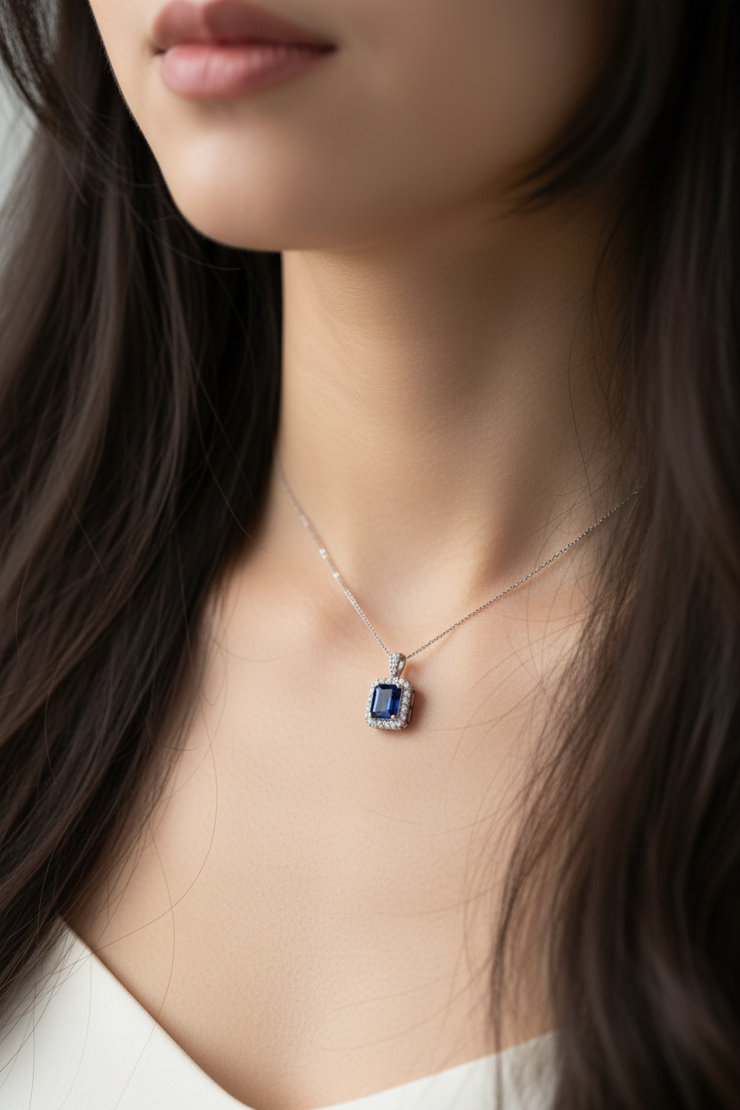 Woman with open hair wearing very small silver sapphire diamond pendant