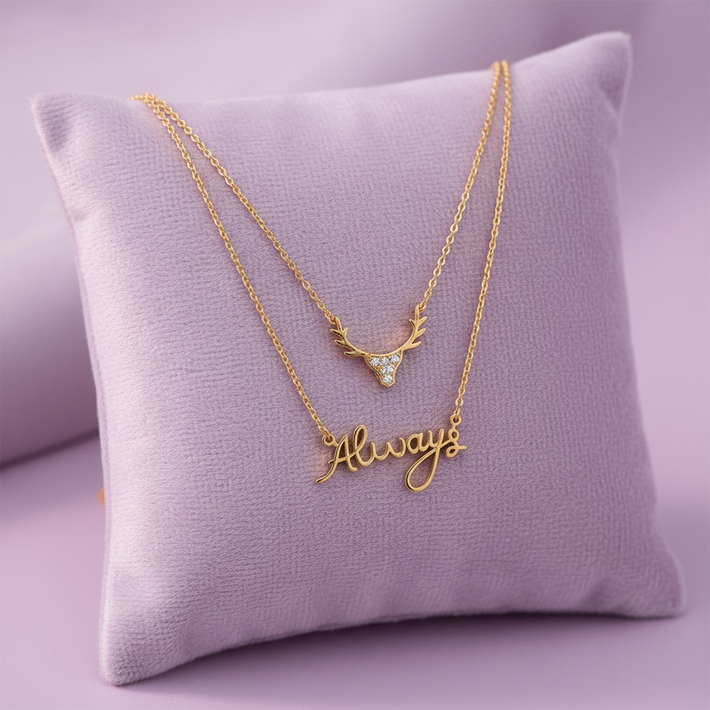 Yellow gold Always script and antler diamond layered necklace set on lavender velvet cushion