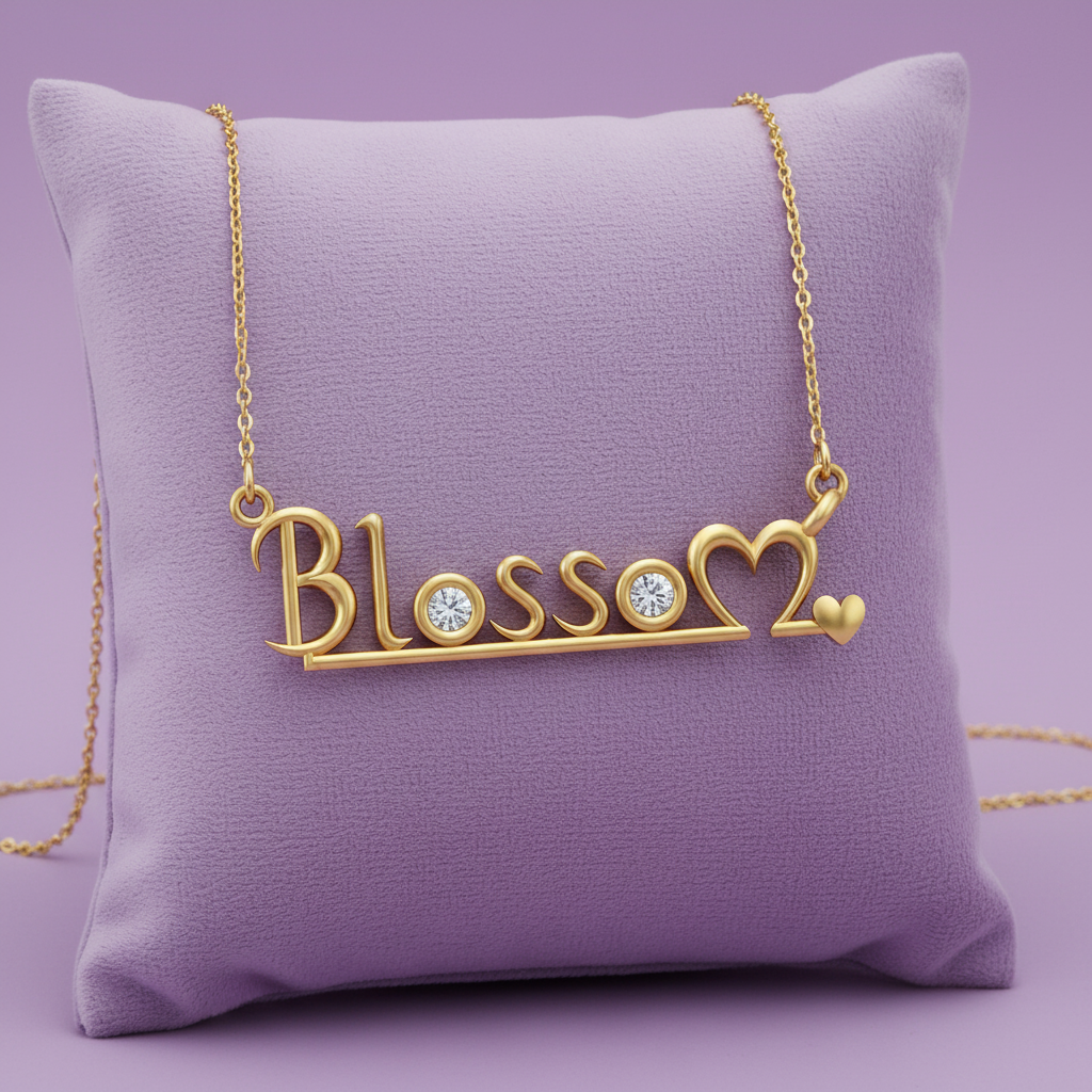 Yellow gold Blossom nameplate diamond necklace with chain on lavender cushion