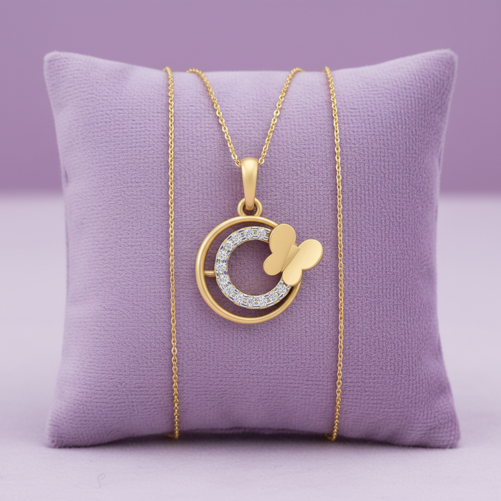 Yellow gold butterfly circle diamond crescent pendant with chain on lavender cushion