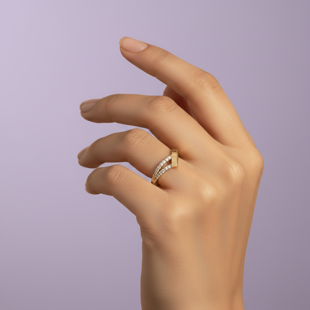 Yellow Gold Chevron Ring - Hand Model on Lavender