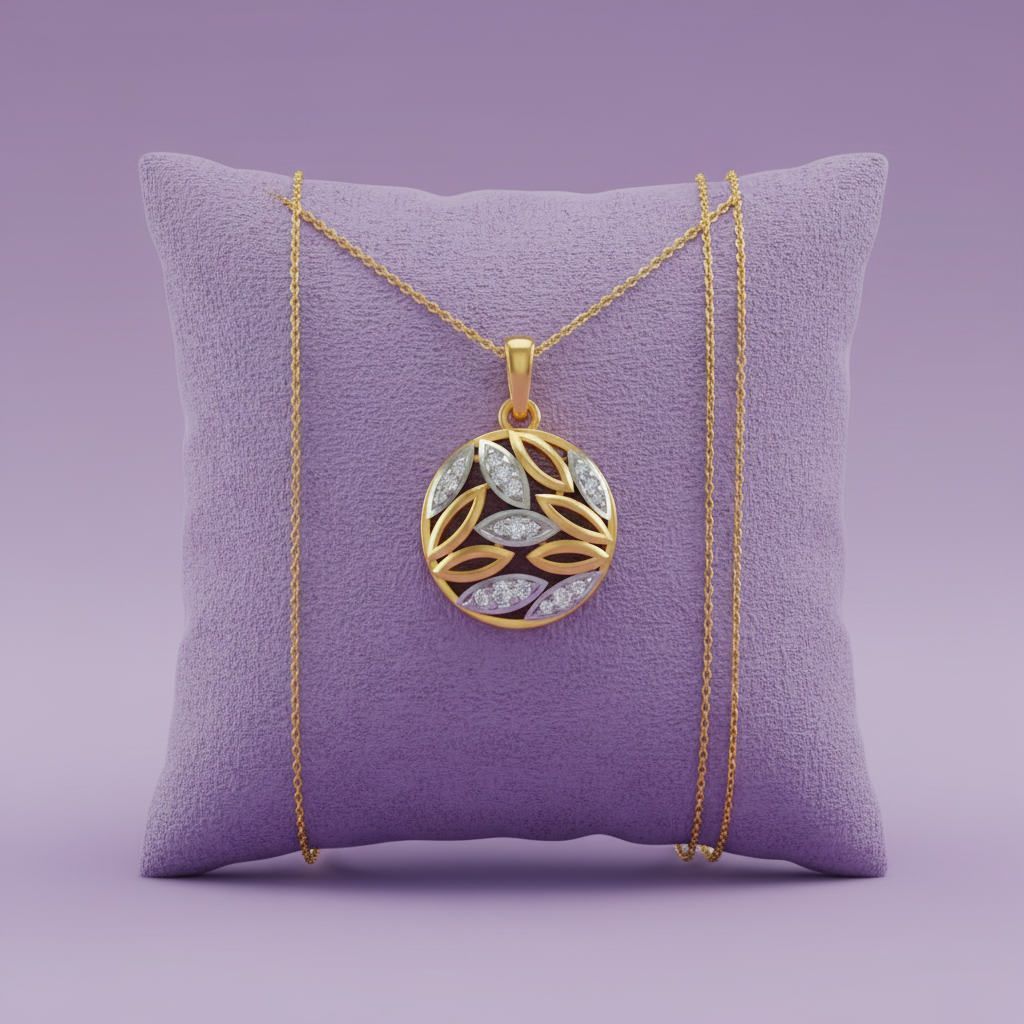 Yellow Gold Circular Leaf Pendant on Lavender Cushion