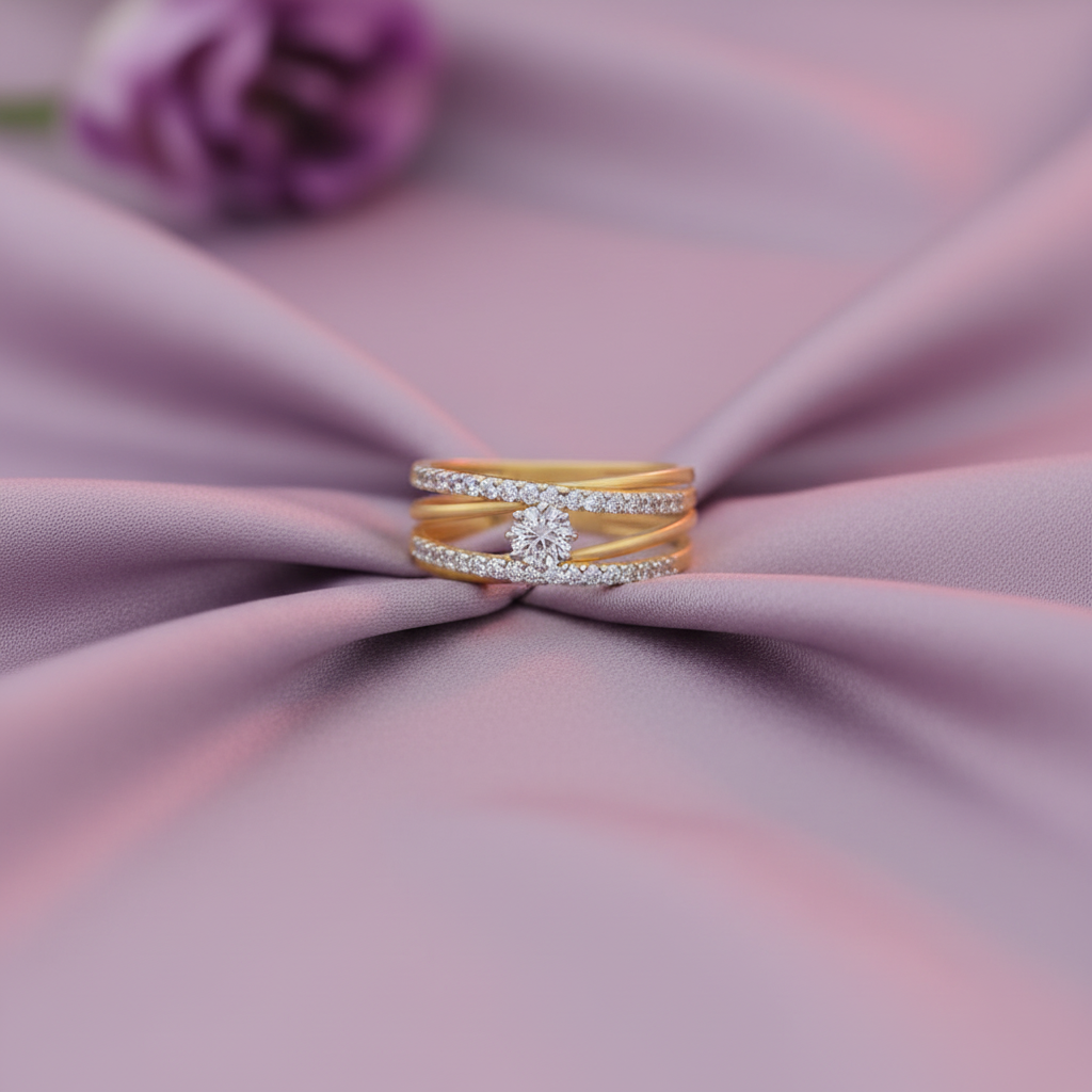 Yellow gold crossover ring flat lay lavender