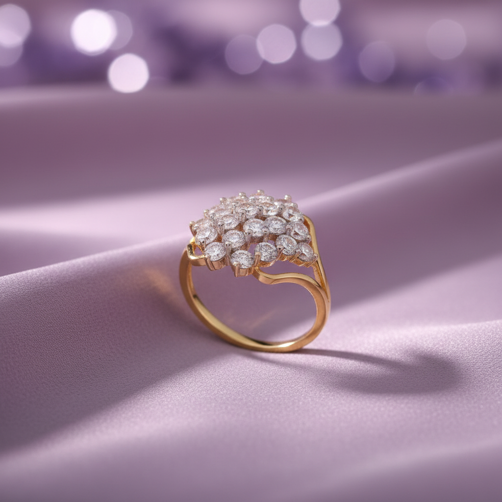 Yellow Gold Diamond Cluster Ring on Lavender Silk