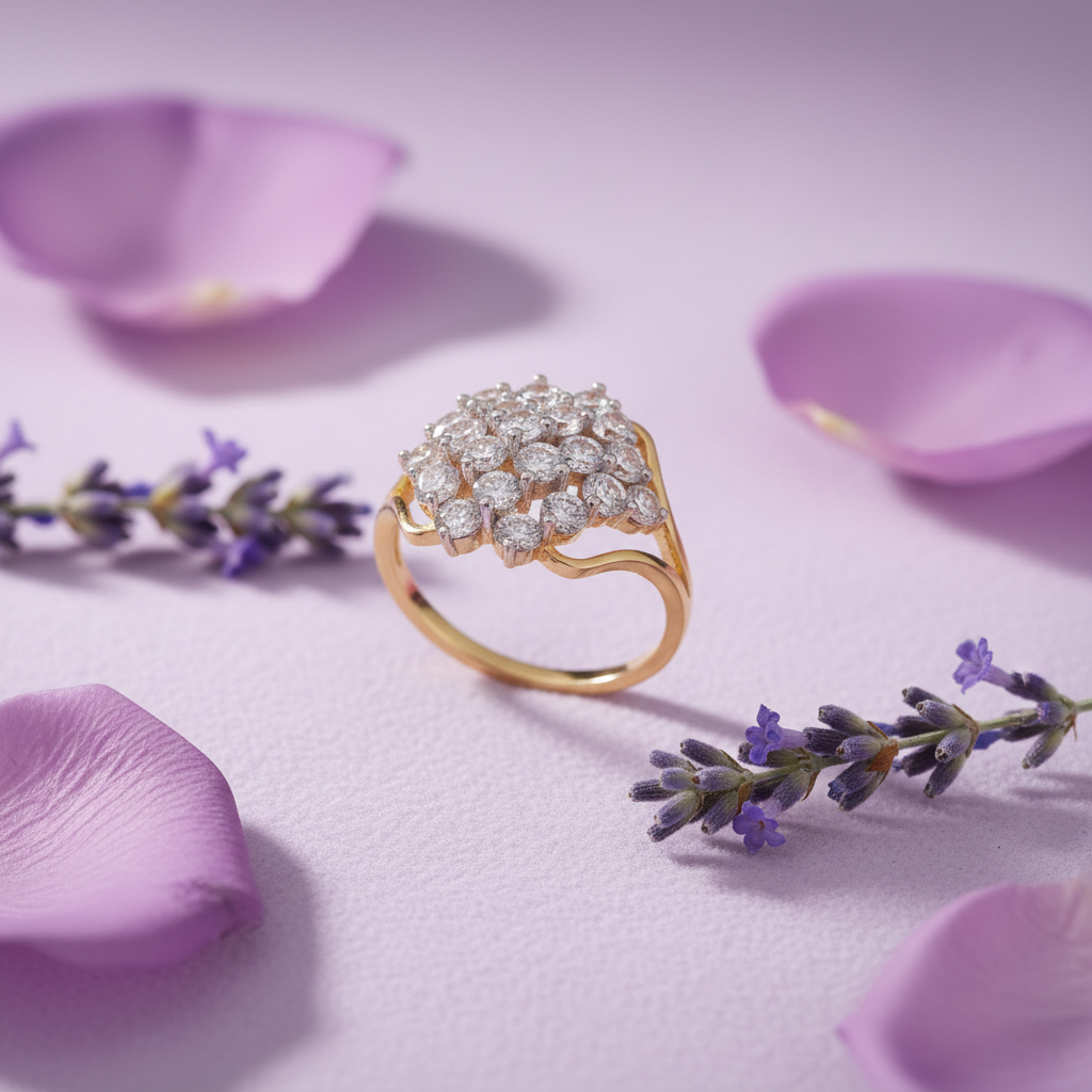 Yellow Gold Diamond Cluster Ring on Lavender